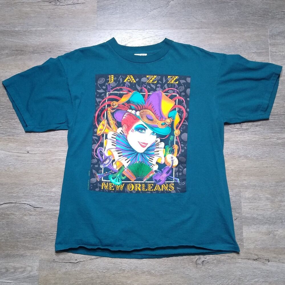 Vintage New Orleans Jazz Masquerade Party Oneita Tag USA Made Single Stitch Sz L